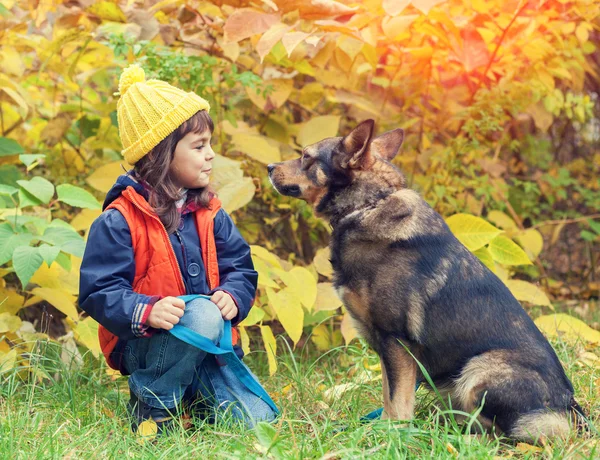 Küçük kız köpekle yürüyor. — Stok fotoğraf