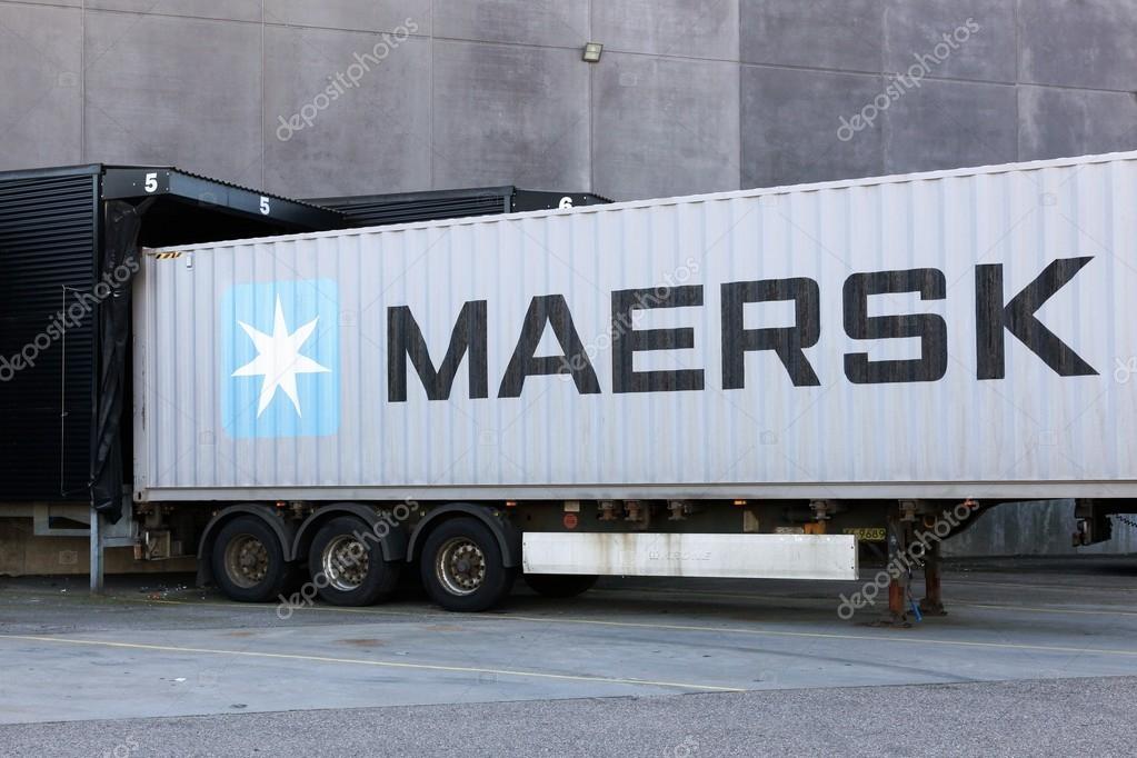 Aarhus, Denmark - February 13, 2016: Maersk container at a logistic depot. Maersk company based in Copenhagen, Denmark, is the largest container ship operator