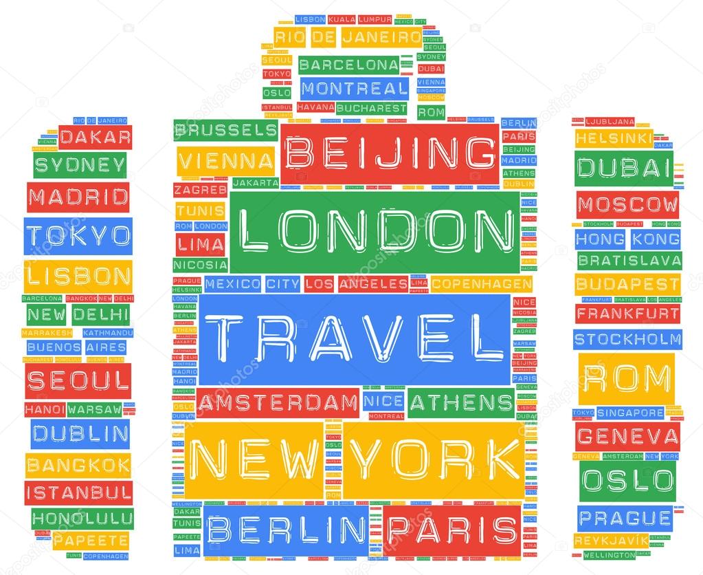 Global travel cities names destinations word cloud