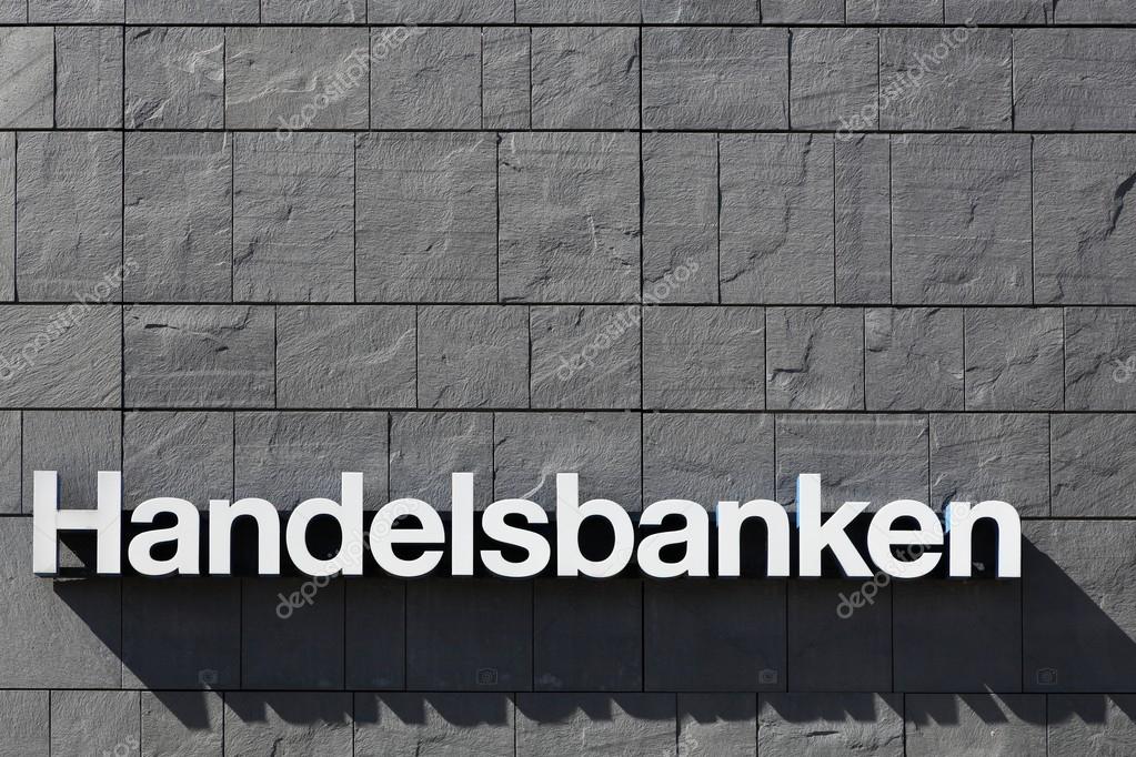 Aarhus, Denmark - May 1, 2016:  Handelsbanken logo on a wall. Handelsbanken is a Swedish bank providing universal banking services and it is one of the major banks in Sweden with over 460 branches.