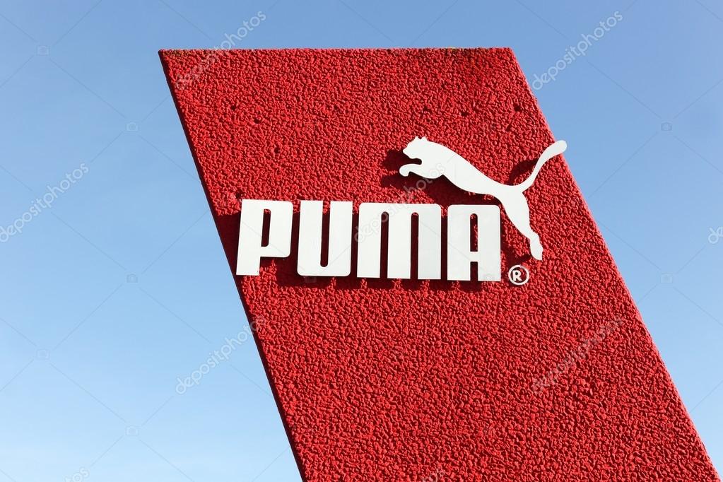 Skanderborg, Denmark - May 5, 2016: Puma logo on a wall. Puma is a major german multinational company that produces athletic and casual footwear, as well as sportswear, headquartered in Herzogenaurach in Germany