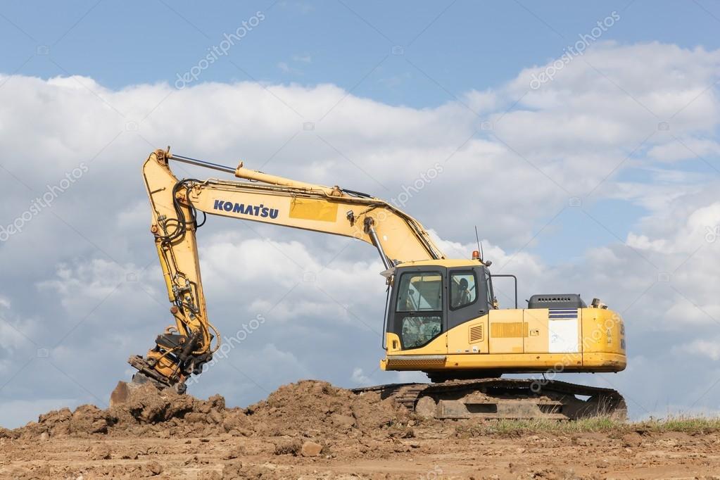 Skejby, Denmark - May 16, 2016: Komatsu excavator. Komatsu is a Japanese multinational corporation that manufactures construction, mining, and military equipment