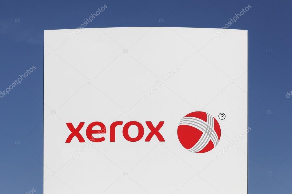 Hasselager, Denmark - June 3, 2016: Xerox sign on a panel. Xerox is an American global corporation that sells business services and document technology products like office printers and scanner copiers