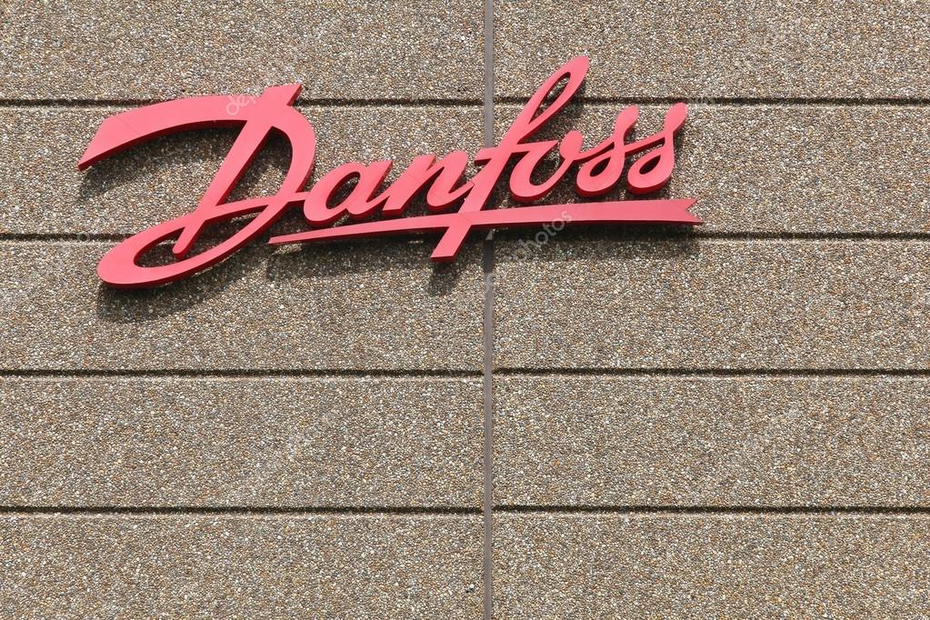 Vejle, Denmark - May 29, 2016: Danfoss sign on a wall. Danfoss Group is a global producer of products and services used in areas such as cooling food, air conditioning and heating buildings