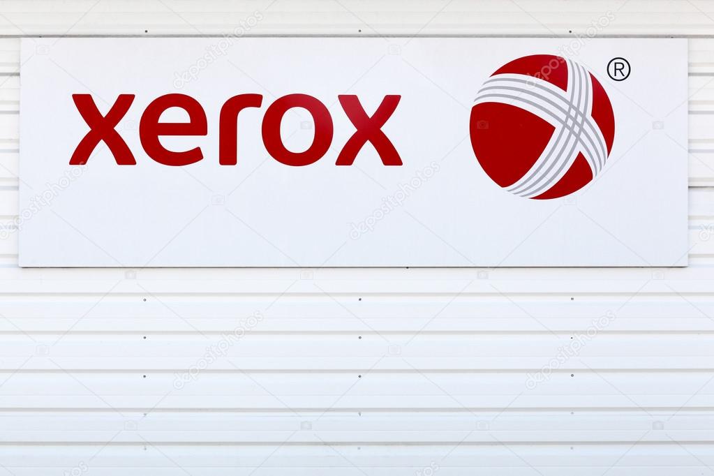 Hasselager, Denmark - June 3, 2016: Xerox sign on a wall. Xerox is an American global corporation that sells business services and document technology products like office printers and scanner copiers