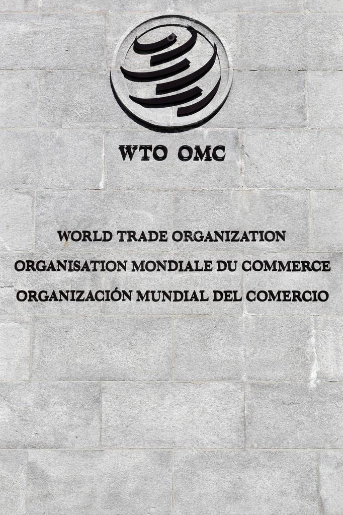 Geneva, Switzerland - August 14, 2016: The World Trade Organization sign on a wall. The World Trade Organization also called WTO is an intergovernmental organization which regulates international trade