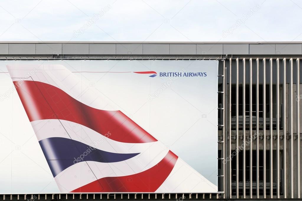 Billund, Denmark - September 16, 2016: British Airways logo on a wall. British Airways is the flag carrier and the largest airline in the United Kingdom based on fleet size