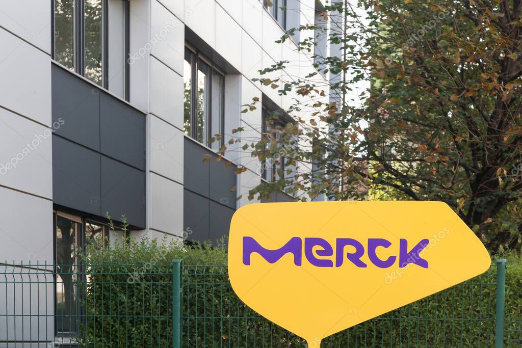 Lyon, France - October 7, 2017: Merck office in Lyon. Merck is a German multinational chemical, pharmaceutical and life sciences company headquartered in Darmstadt, Germany