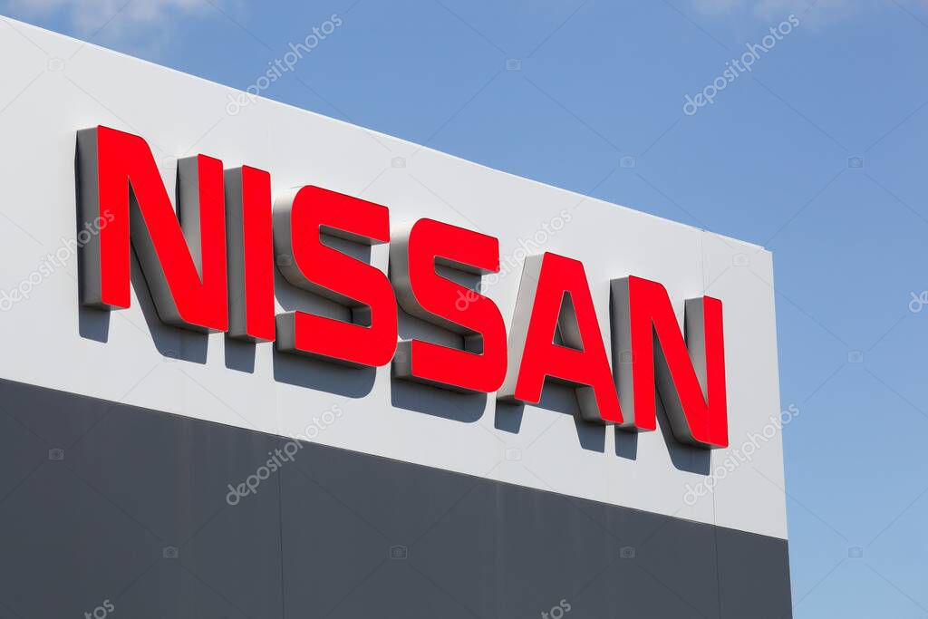 Villefranche, France - July 10, 2021: Nissan sign on a facade. Nissan Motor Company Ltd, usually shortened to Nissan is a Japanese multinational automobile manufacturer headquartered in Nishi-ku Japan