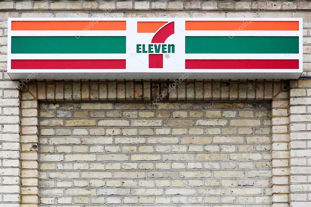 Hjorring, Denmark - June 28, 2015: 7 eleven logo on a facade7-Eleven is an international chain of convenience stores that operates primarily as a franchise