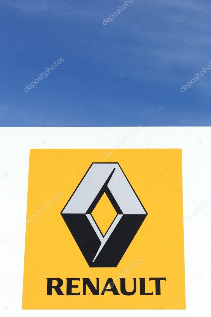 Skanderborg, Denmark - September 6, 2015: Renault logo on a wall. Renault is a french multinational automobile manufacturer established in 1899. The company produces a range of cars and vans.