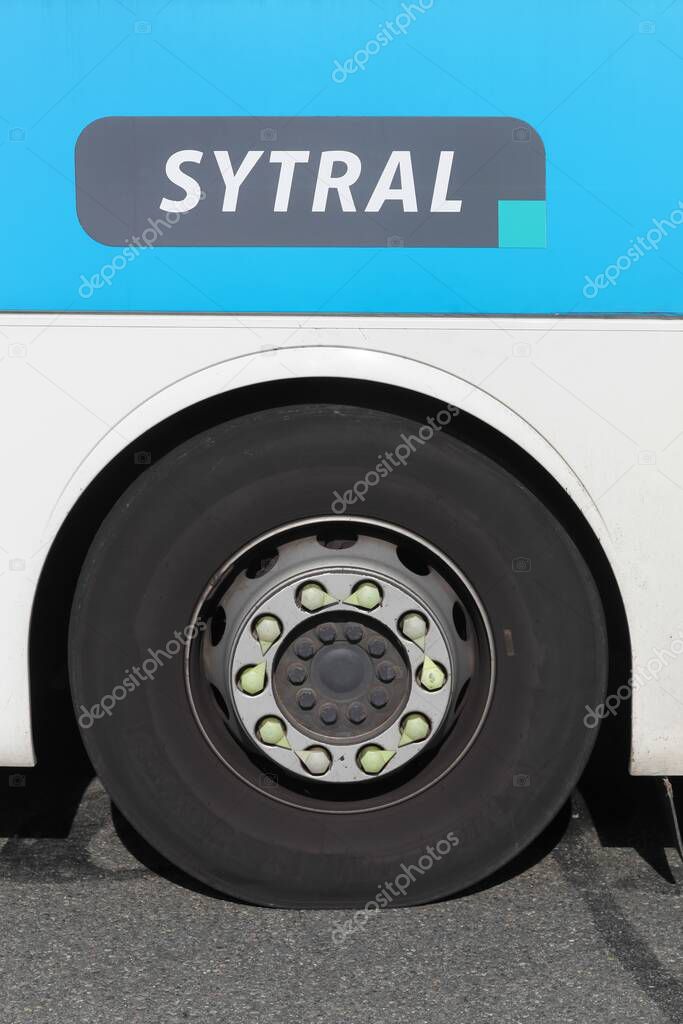 Belleville-en-Beaujolais, France - October 6, 2024: Sytral logo on a bus. Sytral mobilits is the transport authority for the Lyon metropolitan area and the Rhone department
