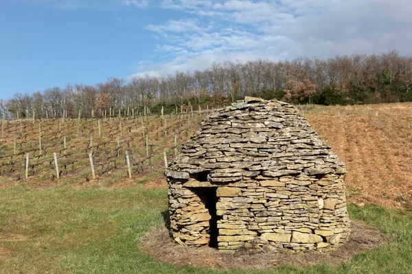 Starożytne kamienne chaty w winnice Beaujolais, Francja — Zdjęcie stockowe