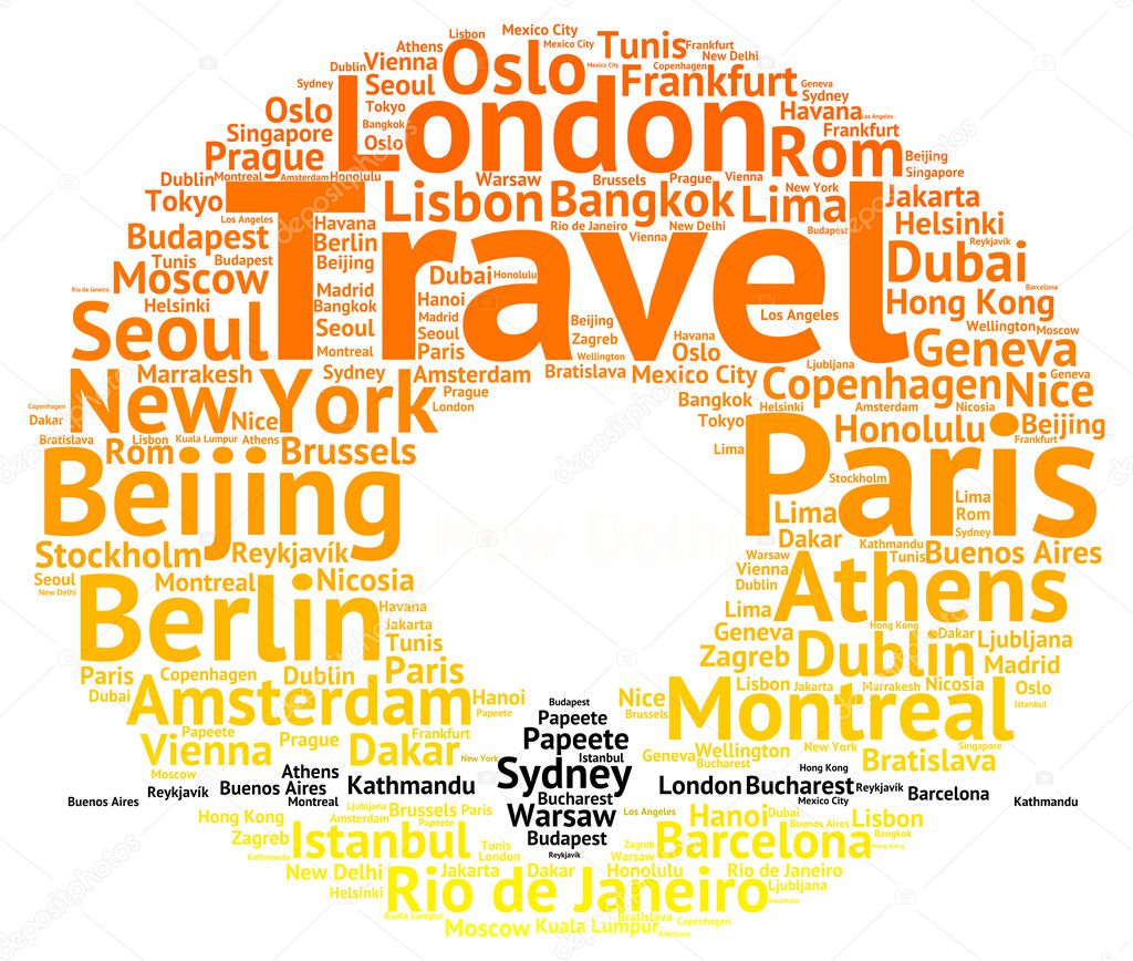 Global travel cities names destinations word cloud