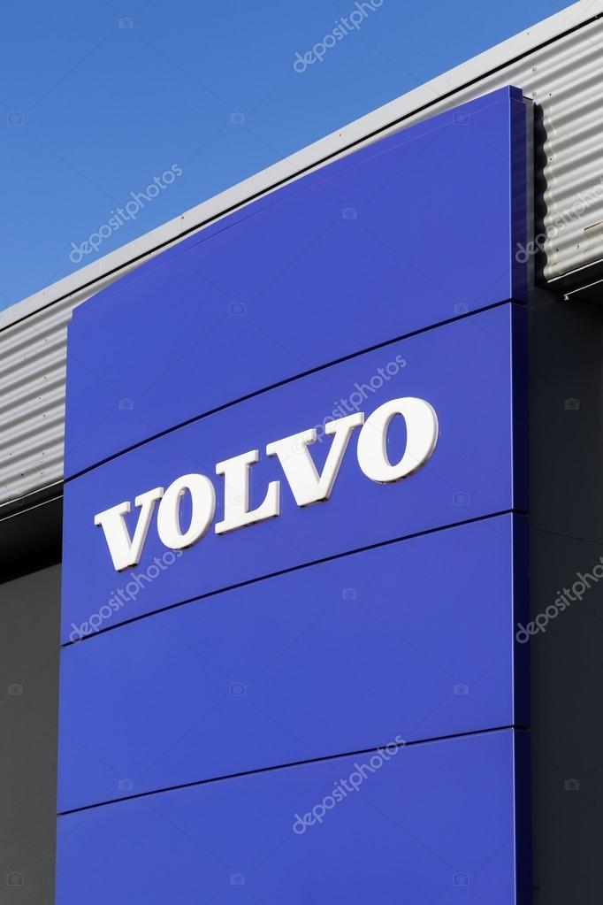 Aarhus, Denmark - January 17, 2016: Volvo logo on a wall. Volvo is a Swedish premium automobile manufacturer established in 1927 in Gothenburg, Sweden