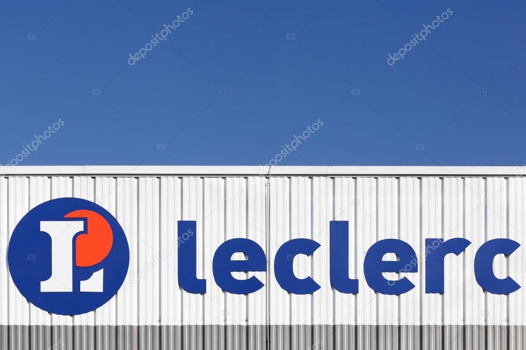 Miribel, France - January 30, 2016: Leclerc logo on a facade. Leclerc is a french hypermarket chain Leclerc currently has more than 500 locations in France and more than 110 stores in Europe