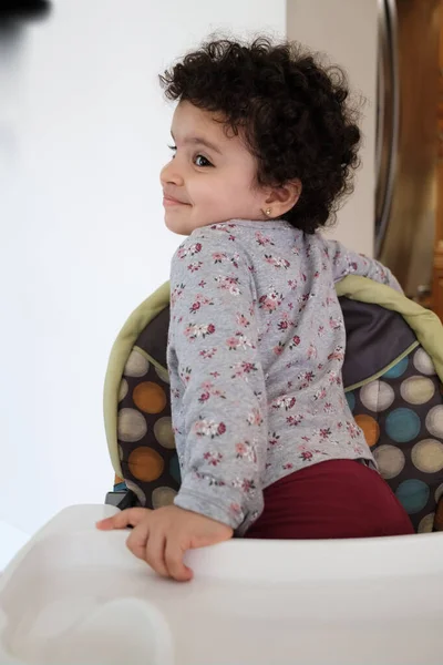 Bonito Menina Dois Anos Idade Sentada Uma Cadeira Alta Ambiente — Fotografia de Stock