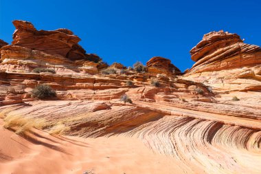 Kuzey Arizona 'daki Vermilion Cliffs Ulusal Anıtı' nın güneyindeki Coyote Buttes 'in güzel manzarası ve kaya oluşumları..