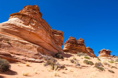 Kuzey Arizona 'daki Vermilion Cliffs Ulusal Anıtı' nın güneyindeki Coyote Buttes 'in güzel manzarası ve kaya oluşumları..