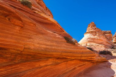 Kuzey Arizona 'daki Vermilion Cliffs Ulusal Anıtı' nın güneyindeki Coyote Buttes 'in güzel manzarası ve kaya oluşumları..