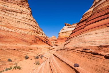Kuzey Arizona 'daki Vermilion Cliffs Ulusal Anıtı' nın güneyindeki Coyote Buttes 'in güzel manzarası ve kaya oluşumları..