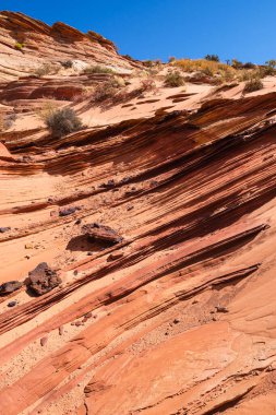 Kuzey Arizona 'daki Vermilion Cliffs Ulusal Anıtı' nın güneyindeki Coyote Buttes 'in güzel manzarası ve kaya oluşumları..