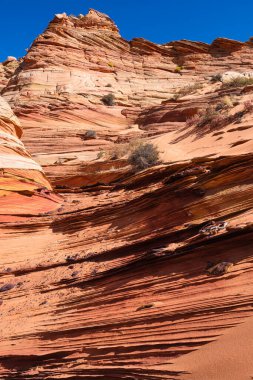 Kuzey Arizona 'daki Vermilion Cliffs Ulusal Anıtı' nın güneyindeki Coyote Buttes 'in güzel manzarası ve kaya oluşumları..