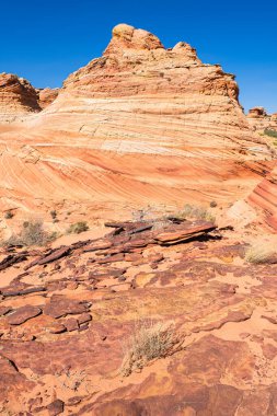 Kuzey Arizona 'daki Vermilion Cliffs Ulusal Anıtı' nın güneyindeki Coyote Buttes 'in güzel manzarası ve kaya oluşumları..