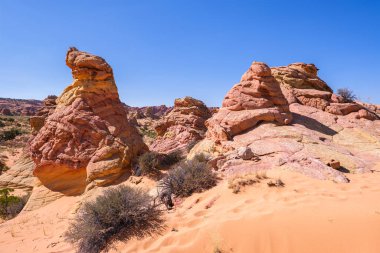 Kuzey Arizona 'daki Vermilion Cliffs Ulusal Anıtı' nın güneyindeki Coyote Buttes 'in güzel manzarası ve kaya oluşumları..