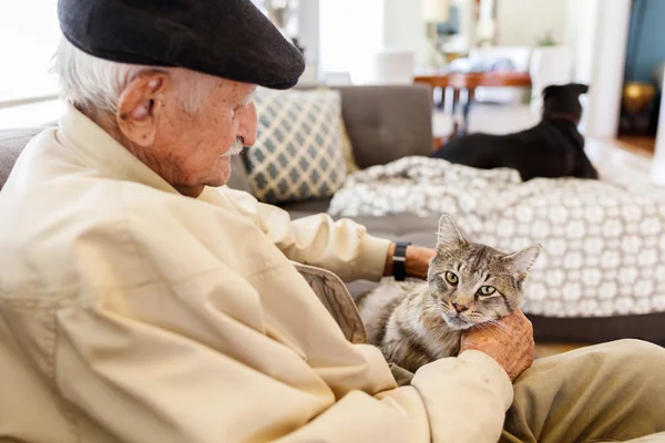 Пожилой человек с котом — стоковое фото