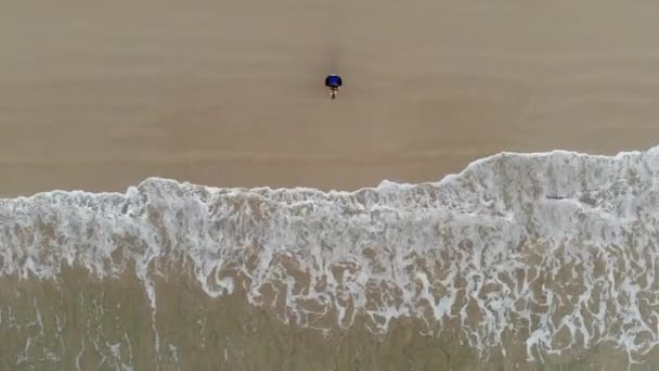 La vista superior de una hermosa playa con una mujer está de pie. — Vídeos de Stock