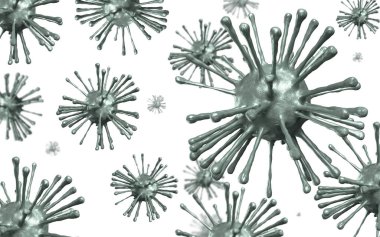 Coronavirus, Covid-19 parçacıkları havada süzülüyor, konsept 3D resimleme.