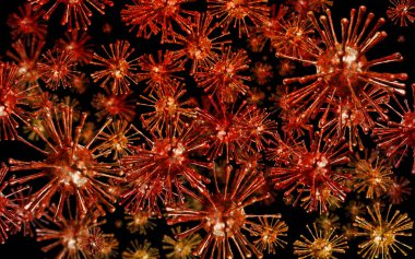 Coronavirus, Covid-19 parçacıkları havada süzülüyor, konsept 3D resimleme.