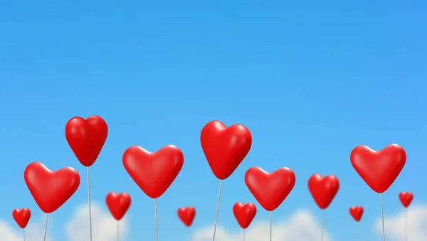 Globos Rojos Del Corazón Con Fondo Azul Del Cielo Representación —  Fotos de Stock