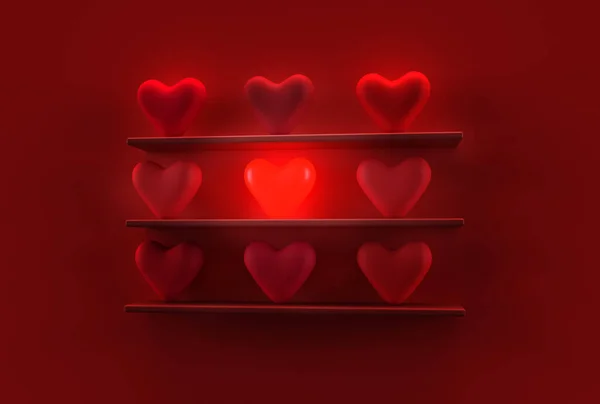 赤い心に囲まれた真ん中の明るい心 3Dレンダリング図 — ストック写真