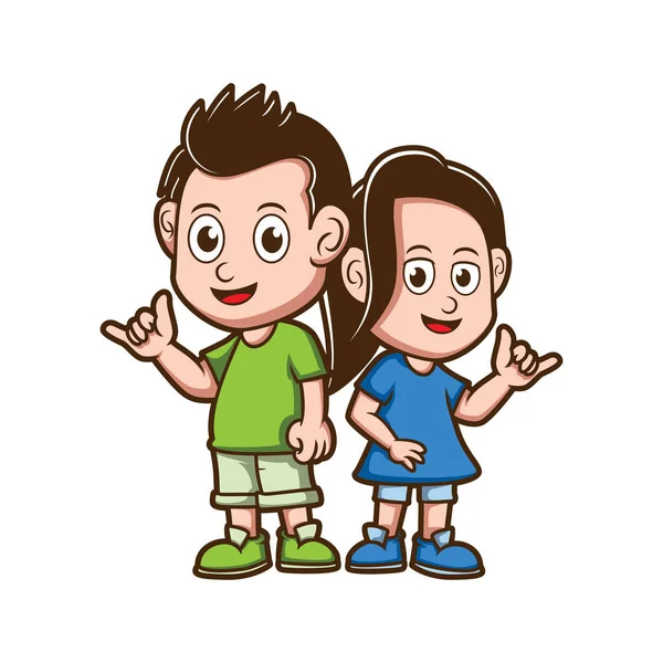 Caricature Petits Enfants Montrant Signe Main Shaka — Image vectorielle