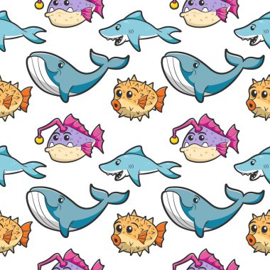 Çizgi filmdeki okyanus hayvanları çocuk tasarımı için kusursuz bir arka plan..