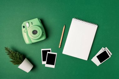 Yeşil kağıt üzerinde düz bir analog kamera, fotoğraflar, not defteri, kalem ve köknar ağacı vardı. 