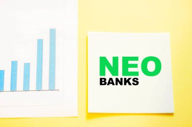Kare kağıt üzerindeki NEOBANKS metni, internet üzerinden hizmetlerin çoğunu sağlayan bankaları gösteren bir diyagram ile.