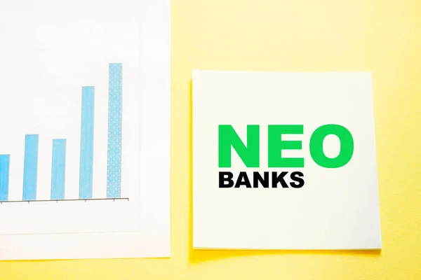 Kare kağıt üzerindeki NEOBANKS metni, internet üzerinden hizmetlerin çoğunu sağlayan bankaları gösteren bir diyagram ile.