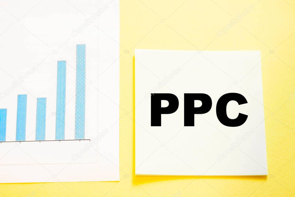 PPC pay-per-click on a yellow background means a marketing tactic in which the company advertises its resource and pays for each click on the link.