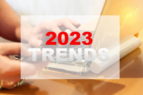 Soldaki bilgisayardaki adam 2023 'ün çizelge ve eğilimlerini inceliyor..