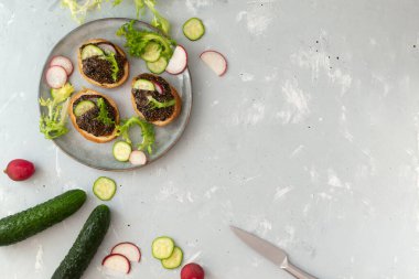 Gri arka planda gri bir tabakta sebzeli baget dilimleri üzerinde Chia tohumu atıştırması. Üst Manzara. Uzayı kopyala Yatay yönelim.