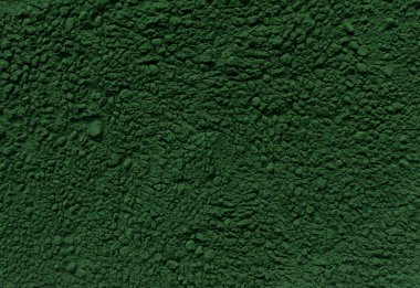 Klorella tozu ve mesaj için yer. Geçmişi. Sağlıklı beslenme konsepti. Yatay oryantasyon. Üst Manzara. Boşluğu kopyala.