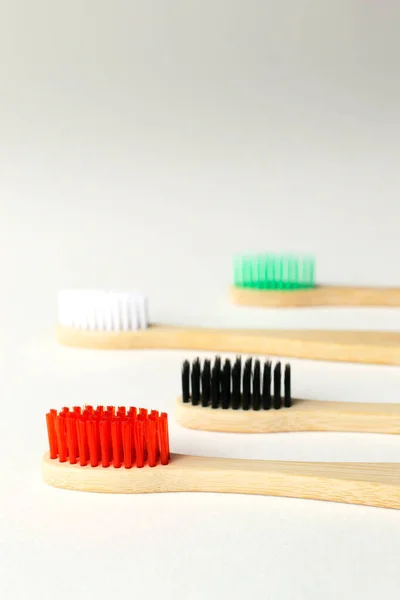 Four Multi Colored Bamboo Toothbrushes Eco Friendly Stuff Concept Copy — Stock Photo, Image