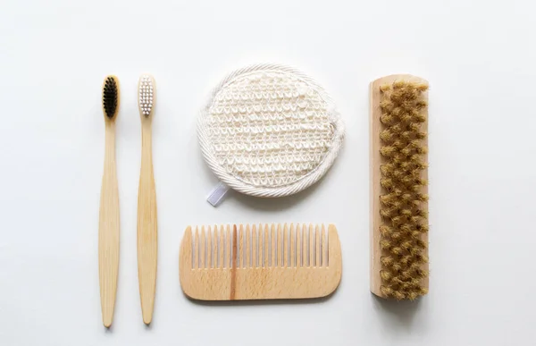Bamboo Toothbrushes Wood Hairbrush Face Wash Natural Bristle Brush Eco — Stock Photo, Image