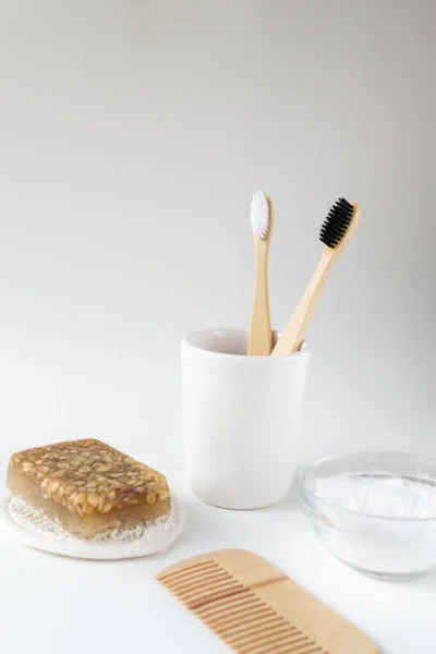Wooden Hair Comb Face Wash Handmade Oatmeal Soap Soda Bamboo — Stock Photo, Image