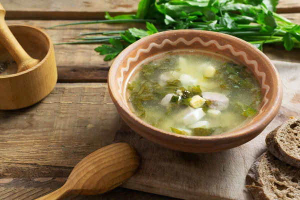 ウクライナの緑のボルシチ ボルシュとソレル ウクライナ料理 卵とのダイエットソレルスープ ヘルシーなスープ 水平方向 — ストック写真