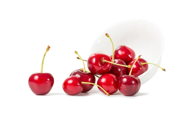 Ripe cherries with ceramic bowl - isolated on white background — Stock Photo, Image
