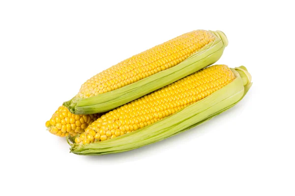 Frischer Mais mit grünen Blättern - isoliert auf weißem Hintergrund — Stockfoto